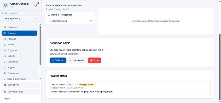 Keputusan admin dan riwayat status