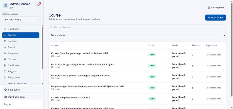 Daftar course di Admin Console