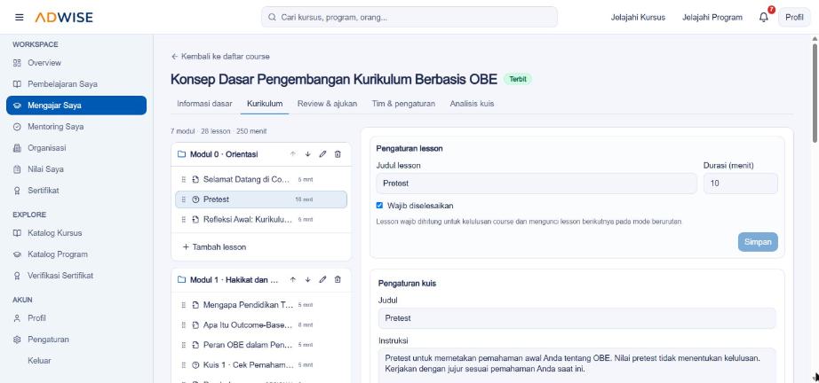 Lesson kuis di editor kurikulum